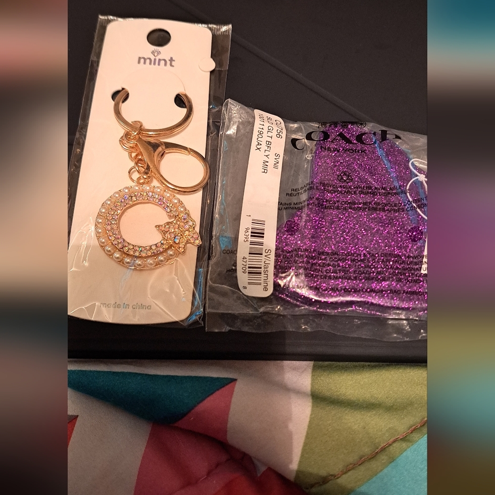 Coach Purple Glitter Mirror with unbranded key chain charm